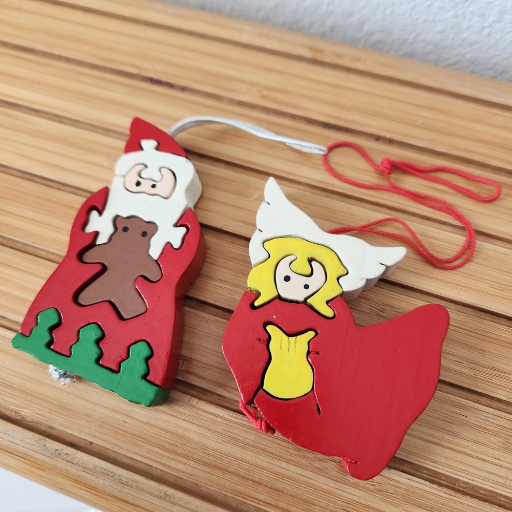 Vintage Lot of 2‎ Wood Jigsaw Puzzle Christmas Ornaments Santa Claus Angel